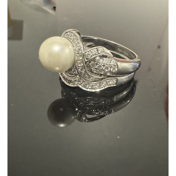 Size 6.5 Engagement Set Ring Pearl, Zircon, Sterling Silver, Rhodium Plated - Picture 1 of 7